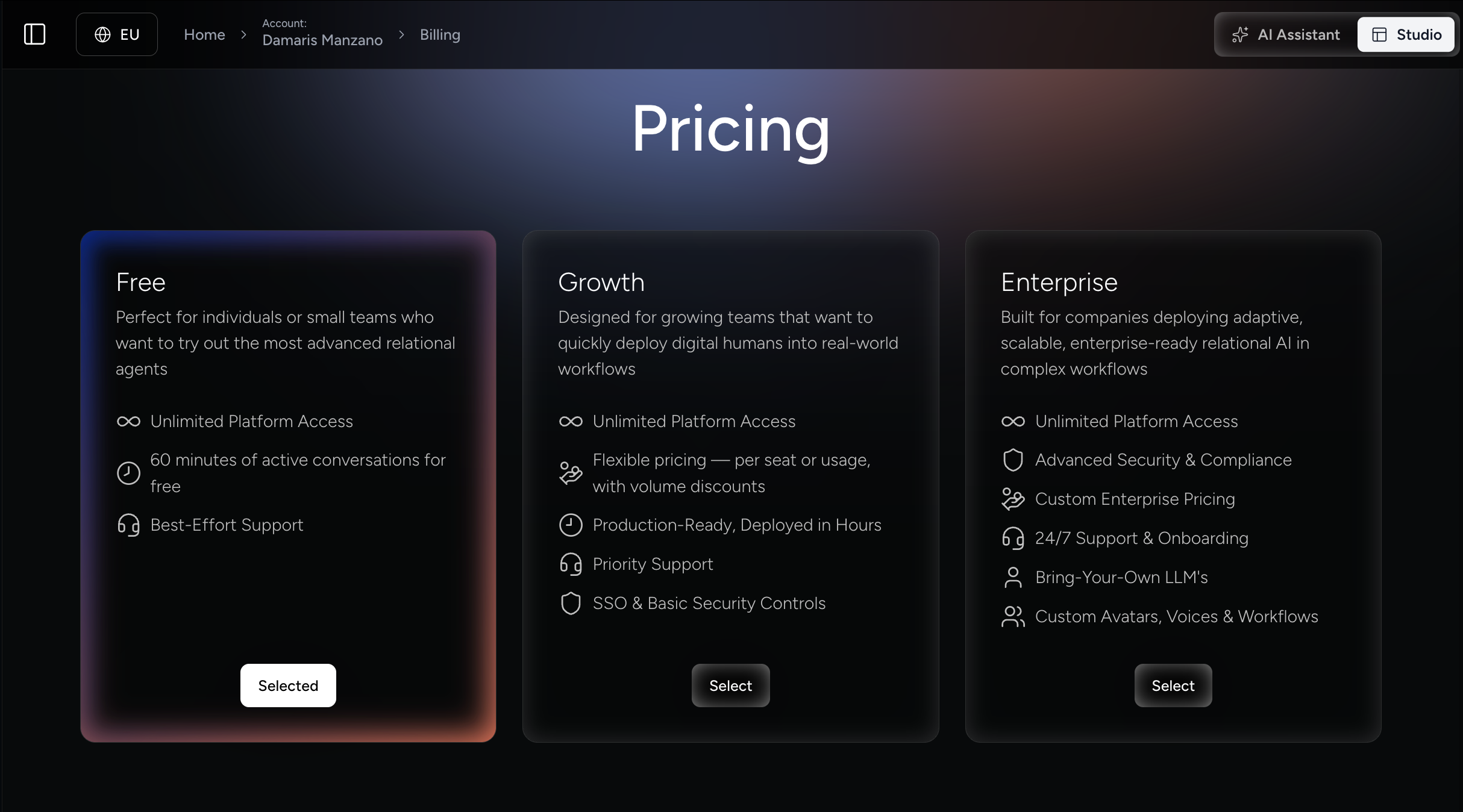 Pricing overview with Free, Growth, and Enterprise cards